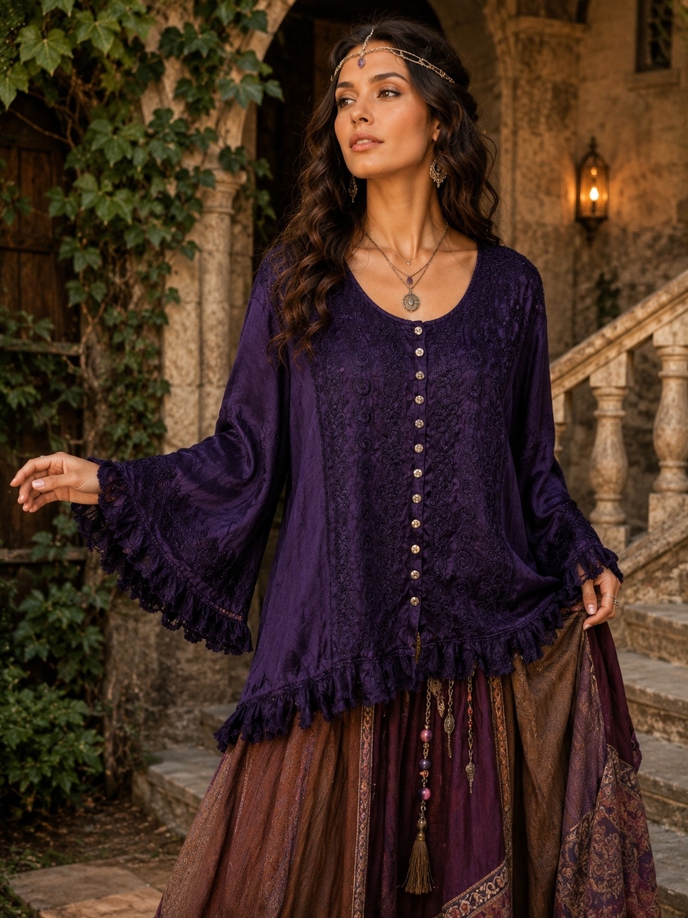 Boho Lace-Trim Button Front Top in Deep Purple